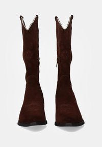 Botas de cowboy de ante marrón con puntera puntiaguda, costuras decorativas y un zipper en el lado interno. Presentan un caño alto con un borde en forma de ondas.