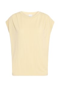 Top girocollo a maniche corte di un delicato colore giallo chiaro, realizzato in tessuto morbido, con dettagli plissettati sulle spalle per un tocco di texture e forma.