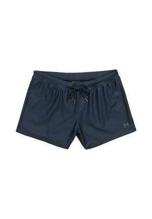 Granatowe kąpielówki ze ściągaczem w pasie i subtelnym logo na lewej nodze.