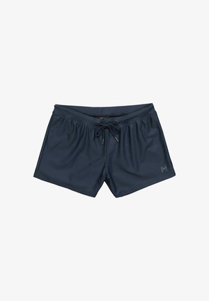 Granatowe kąpielówki ze ściągaczem w pasie i subtelnym logo na lewej nodze.