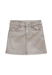 Metalna siva jeans krilo s širšo zasnovo, petimi žepe, zanke za pas, gumbom za zapenjanje in subtilnim leskom na tkanini.