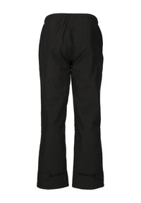 Pantalons noirs imperméables avec une taille élastique, une coupe droite et des sangles de cheville réglables en velcro. Texture lisse, détails minimaux.