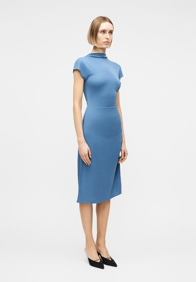 Γυναίκα που στέκεται σε εφαρμοστό, μεσαίου μήκους μπλε φόρεμα με κοντά μανίκια και ψηλό λαιμό, φορώντας μαύρα μυτερά τακούνια, μπροστά σε απλό φόντο.