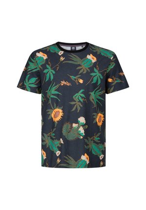 T-shirt pour homme à manches courtes en bleu marine avec des motifs floraux et de cactus vibrants, doté d'un col rond et d'une coupe régulière.