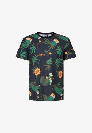 Tricou pentru bărbați cu mâneci scurte, de culoare bleumarin, cu modele vibrante de flori și cactuși, având guler rotund și croială regulară.