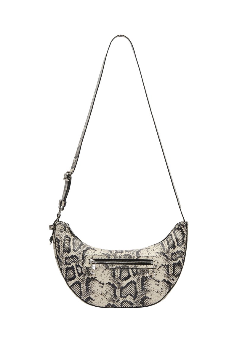 Torba hobo w czarno-białym wzorze węża. Gładka tekstura, smukły regulowany pasek oraz przednia kieszonka na zamek błyskawiczny z srebrnymi akcentami.
