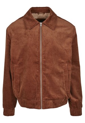 Brown corduroy jacket with a button-down collar, front zipper, ribbed cuffs, and side pockets. Lined with a soft, textured material.