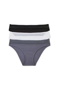 Trois paires de panties sans couture : noir, blanc et gris foncé. Chacune est ornée d'une bordure en dentelle le long de la taille, fabriquée à partir d'un tissu doux.