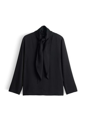 Schwarze Bluse mit langen Ärmeln und einer gebundenen Kragenpartie, gefertigt aus glattem Stoff mit minimalen Verzierungen und einem lässigen Schnitt.