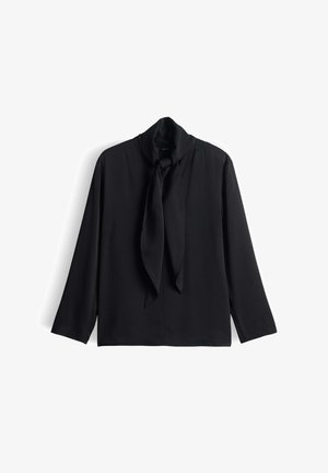 Schwarze Bluse mit langen Ärmeln und einer gebundenen Kragenpartie, gefertigt aus glattem Stoff mit minimalen Verzierungen und einem lässigen Schnitt.