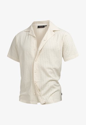 Short-sleeve shirt in cream with a textured, ribbed pattern. Features a collar and front buttons, crafted from lightweight fabric.