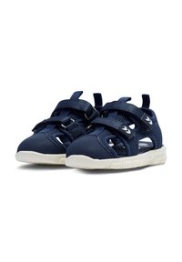 Navy blue sandals with mesh panels and sturdy straps, featuring a flexible white sole and minimal accents for breathability and comfort.
