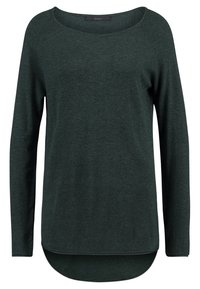 Grüner Pullover mit langen Ärmeln aus weichem Stoff. Hat einen abgerundeten Ausschnitt und einen längeren Rückensaum. Schlichtes Design ohne Muster.