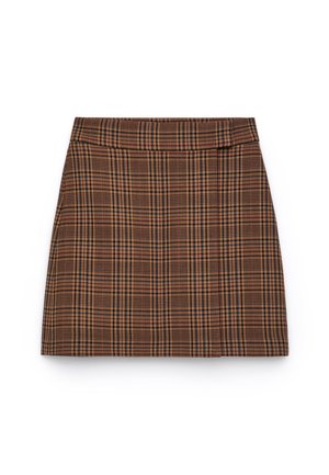 Brown, plaid mini skirt with a high waist, featuring a checkered pattern in orange and black, made of a textured fabric.