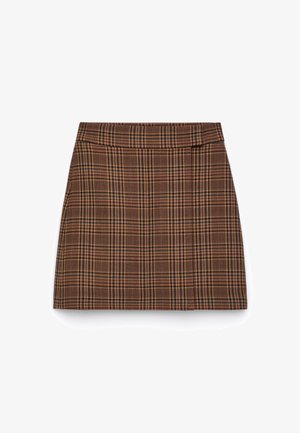 Brown, plaid mini skirt with a high waist, featuring a checkered pattern in orange and black, made of a textured fabric.