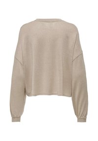 Maglione beige corto con maniche lunghe, texture a coste, spalle scese e una leggera lucentezza. Nessun hardware o motivo evidente.