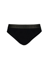 Czarne bawełniane majtki z ciemnozielonym elastycznym paskiem z wytłoczonym logo "LANCERTO". Klasyczny krój bokserek o gładkiej fakturze.