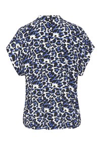 Kurzarmpullover im Leopardenmuster mit blauen, schwarzen und weißen Farben. Verfügt über einen Knopfverschluss am Rücken und hat eine lockere, entspannte Passform.