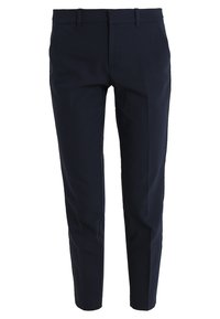 Navy blue tailored pants with a slim fit, featuring a flat front, belt loops, and a smooth texture. No visible patterns or accents.