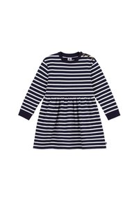 Gestreiftes Kleid in Marineblau und Weiß mit langen Ärmeln, rundem Ausschnitt und goldenen Knopfakzenten. Ausgestellter Rock mit geraffter Taille.