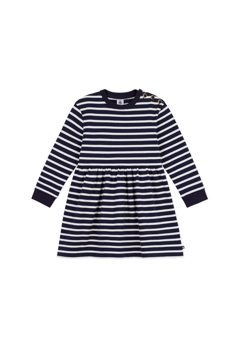 Gestreiftes Kleid in Marineblau und Weiß mit langen Ärmeln, rundem Ausschnitt und goldenen Knopfakzenten. Ausgestellter Rock mit geraffter Taille.