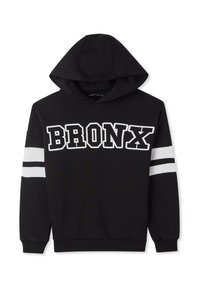 Felpa con cappuccio nera con una grafica bianca "BRONX" sulla parte anteriore, caratterizzata da strisce bianche sulle maniche e una tasca a marsupio.