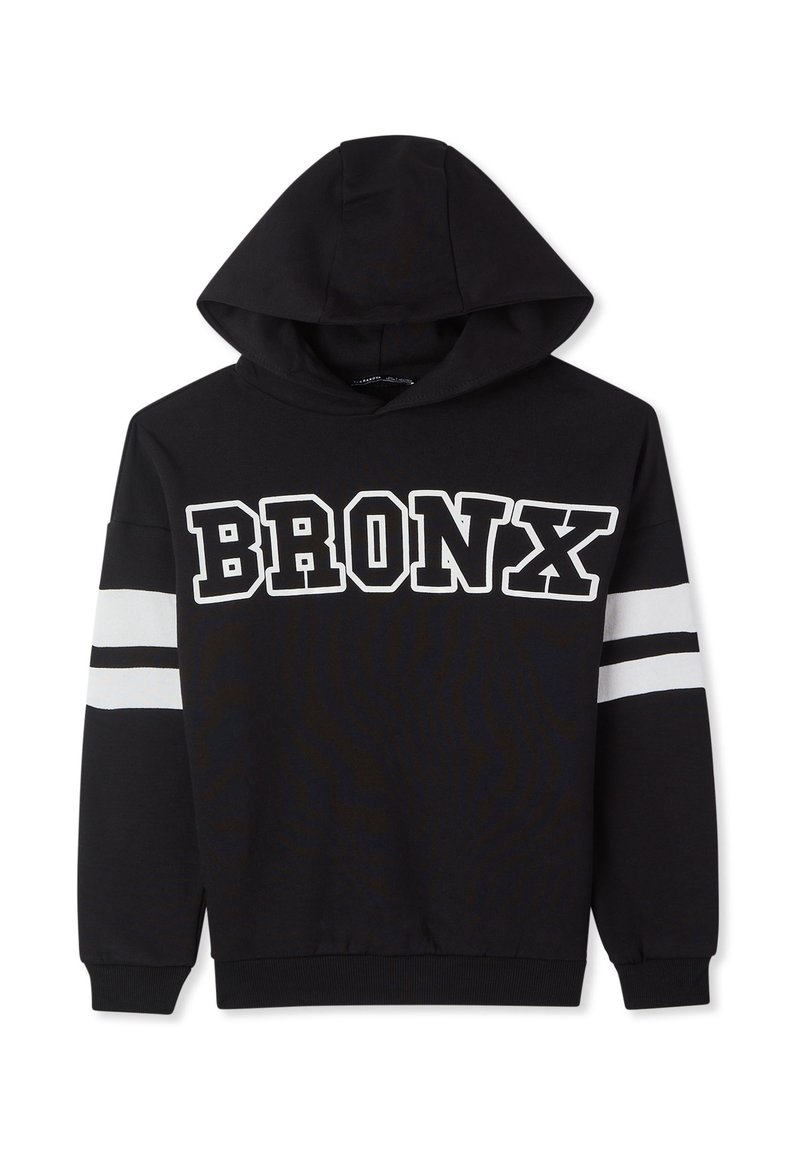 Felpa con cappuccio nera con una grafica bianca "BRONX" sulla parte anteriore, caratterizzata da strisce bianche sulle maniche e una tasca a marsupio.