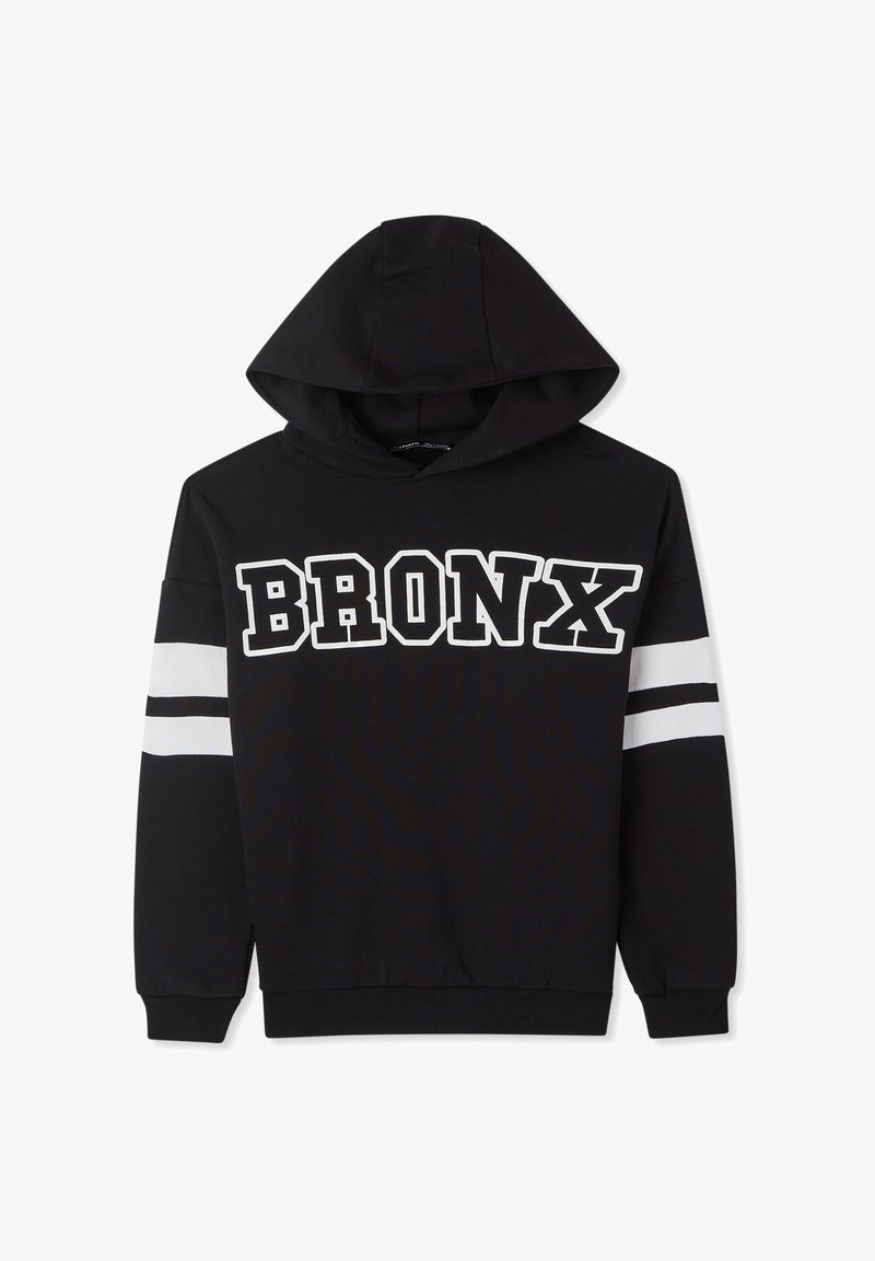 Felpa con cappuccio nera con una grafica bianca "BRONX" sulla parte anteriore, caratterizzata da strisce bianche sulle maniche e una tasca a marsupio.