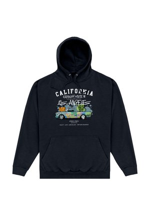 Felpa con cappuccio nera con grafica di un pick-up coperto di graffiti e testo "California," "Highway Route 01," e "Los Angeles."