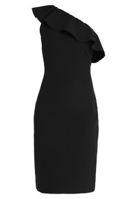 Schwarzes Ein-Schulter-Kleid mit Rüschendetails am Ärmel, figurbetonter Silhouette, knielang, strukturiertem Stoff, klaren Linien und ohne sichtbare Verschlüsse.