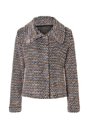 Strickjacke in verschiedenen Beigetönen, Schwarz und Grau. Verfügt über einen breiten Kragen, eine Knopfleiste und ein strukturiertes, gestreiftes Muster. Lange Ärmel.