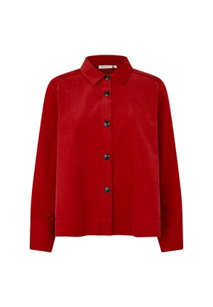 Camicia in corduroy rossa con colletto, apertura con bottoni e maniche lunghe. Presenta bottoni neri e orlo dritto.