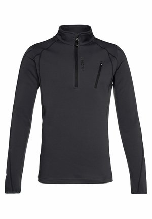 Fleece pullover i ensfarvet sort med høj krave, kvart lynlås foran, sidesøm og en lynlåslomme på brystet med logo-detalje.