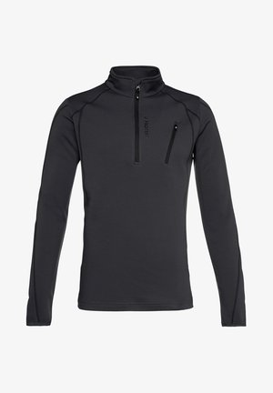 Fleece-Pullover in uni schwarz, mit hohem Kragen, Viertel-Reißverschluss vorne, Seitennähten und einer Reißverschlusstasche auf der Brust mit einem Logo-Detail.
