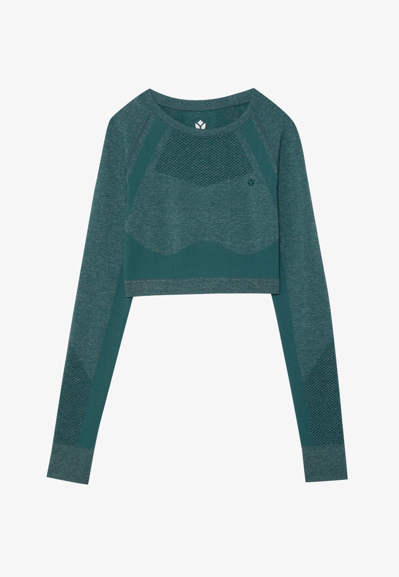 Teal dolgimi rokavi skrajšani top iz zračnega textured materiala. Ima mrežaste panele in detajl z logotipom na prsih. Gladek zaključek.