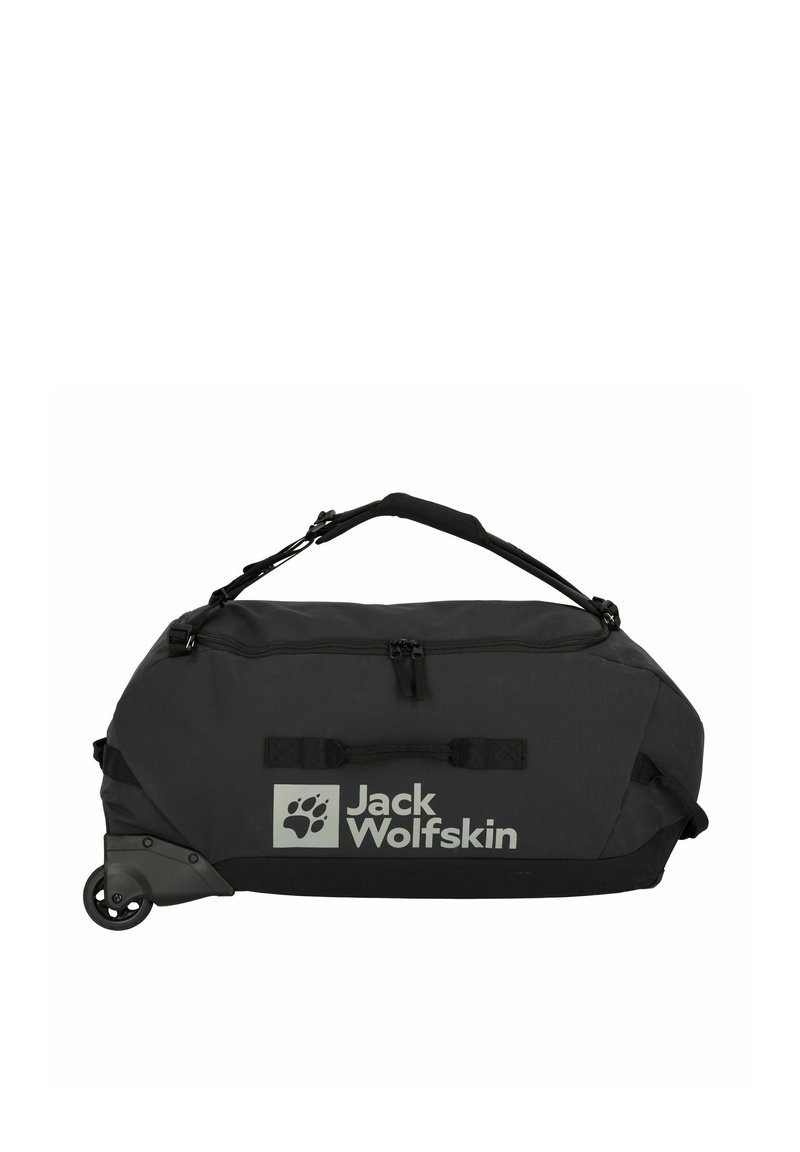 Zwarte sporttas met wielen, gemaakt van duurzaam materiaal. Beschikt over een handvat aan de bovenkant, zijbanden en een opvallend Jack Wolfskin-logo.