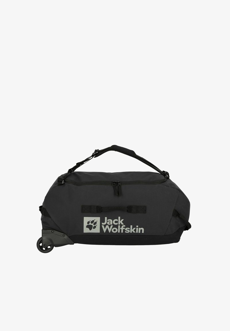 Black duffel bag with wheels, made from durable fabric. Features a top handle, side straps, and a prominent Jack Wolfskin logo.