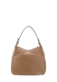 Braune Leder-Schultertasche mit glatter Textur, runder Form und einem einzelnen Gurt. Verfügt über einen Reißverschluss oben und dezente Nähte.