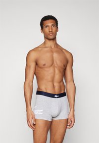 Boxers cinza em algodão, com uma cintura azul-marinho e um logotipo de crocodilo branco na coxa esquerda. Textura suave, design ajustado.