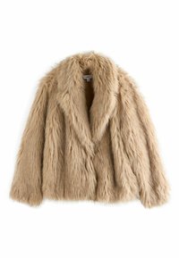Tan faux fur frakke med en afslappet pasform, bred krave og lange ærmer. Har en blød, fluffy tekstur og ingen synlige lukninger.