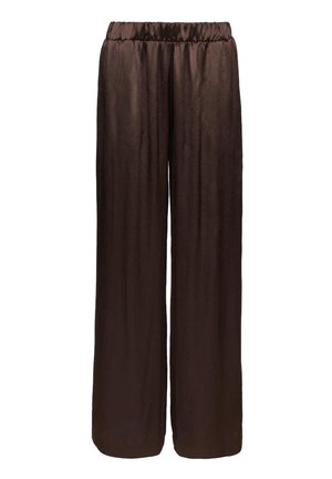 Pantaloni lejeri, maro închis, din satin, cu talie elastică și picioare largi, concepuți pentru purtare casual sau semi-formală.