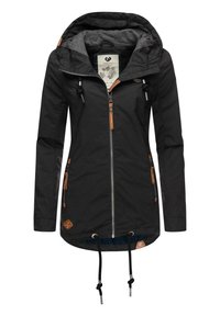 Czarna wodoodporna kurtka z kapturem, kontrastowym szarym podszyciem, dwiema zamykanymi kieszeniami oraz skórzanymi akcentami. Posiada regulowane sznurki w talii.