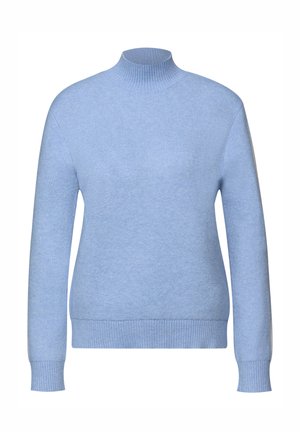 Maglione a collo alto azzurro chiaro, realizzato in morbido materiale lavorato a maglia. Presenta collo e polsini a coste, con corpo liscio e maniche lunghe.