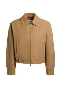 Kaameljajale toonitud lukuga jakk kraega, pika varruka, esitaskute ja elastse servaga, valge tausta ees.