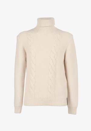 Maglione a collo alto color crema con motivi a trecce sulla parte anteriore e polsini e orlo a coste.