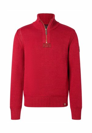 Red knit pullover sweater, featuring a high collar, half-zip closure, ribbed cuffs and hem, and a textured fabric with a leather accent.