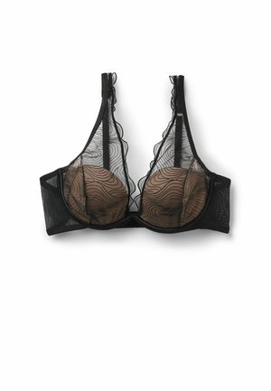 Soutien-gorge noir avec des bonnets en maille transparente à motif ondulé, bords festonnés et bretelles réglables. Matériau doux et texturé avec un soutien-gorge à armatures.