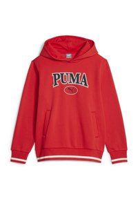 Sweat à capuche rouge en tissu doux, arborant un grand logo noir "PUMA" sur le devant, une poche kangourou et des poignets et un ourlet à rayures blanches.