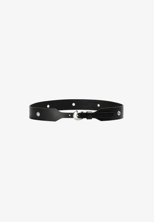 Cinturón de cuero negro con textura suave, con accesorios de acero inoxidable y orificios de ajuste de tamaño. Diseño minimalista con hebilla ancha.