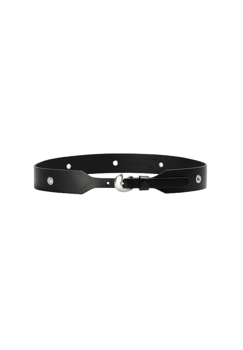 Cinturón de cuero negro con textura suave, con accesorios de acero inoxidable y orificios de ajuste de tamaño. Diseño minimalista con hebilla ancha.